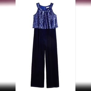 Knit Works Sapphire Blue Velvet Sequin Sleeveless Jumpsuit | Girls Size 3XL 22.5